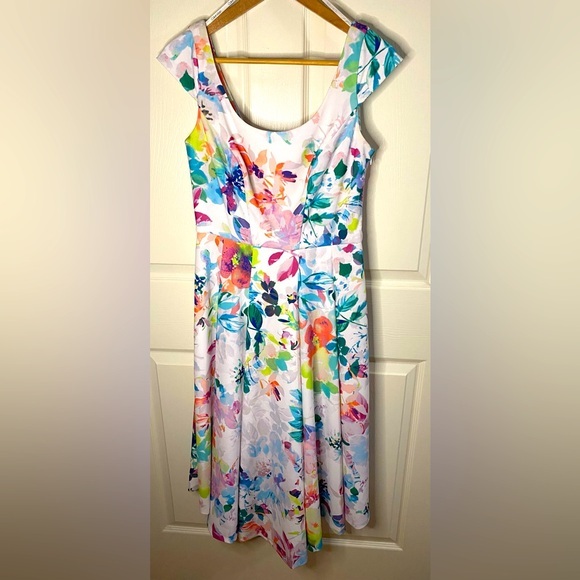 Calvin Klein White & Colorful Floral Formal Midi Dress Size 8 - Picture 1 of 7